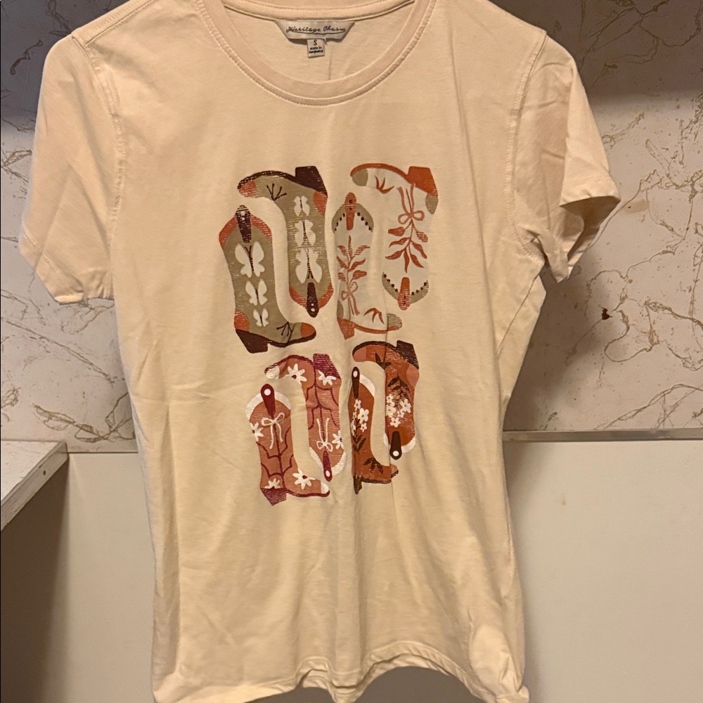 Anthropologie Cream Cowgirl Boots Graphic Short Sleeve Tee